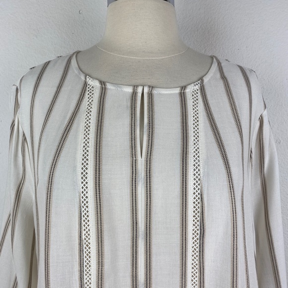 FEVER Womans Tunic Blouse Large Tan Ivory Striped Relaxed Peasant Boho Gypsy NWT - Picture 2 of 9